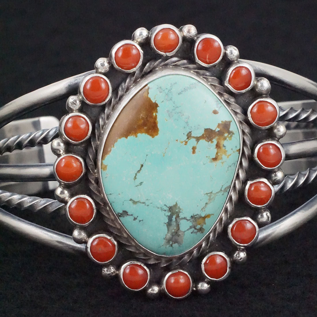 Chester Charley Turquoise, Coral & Sterling Silver Bracelet