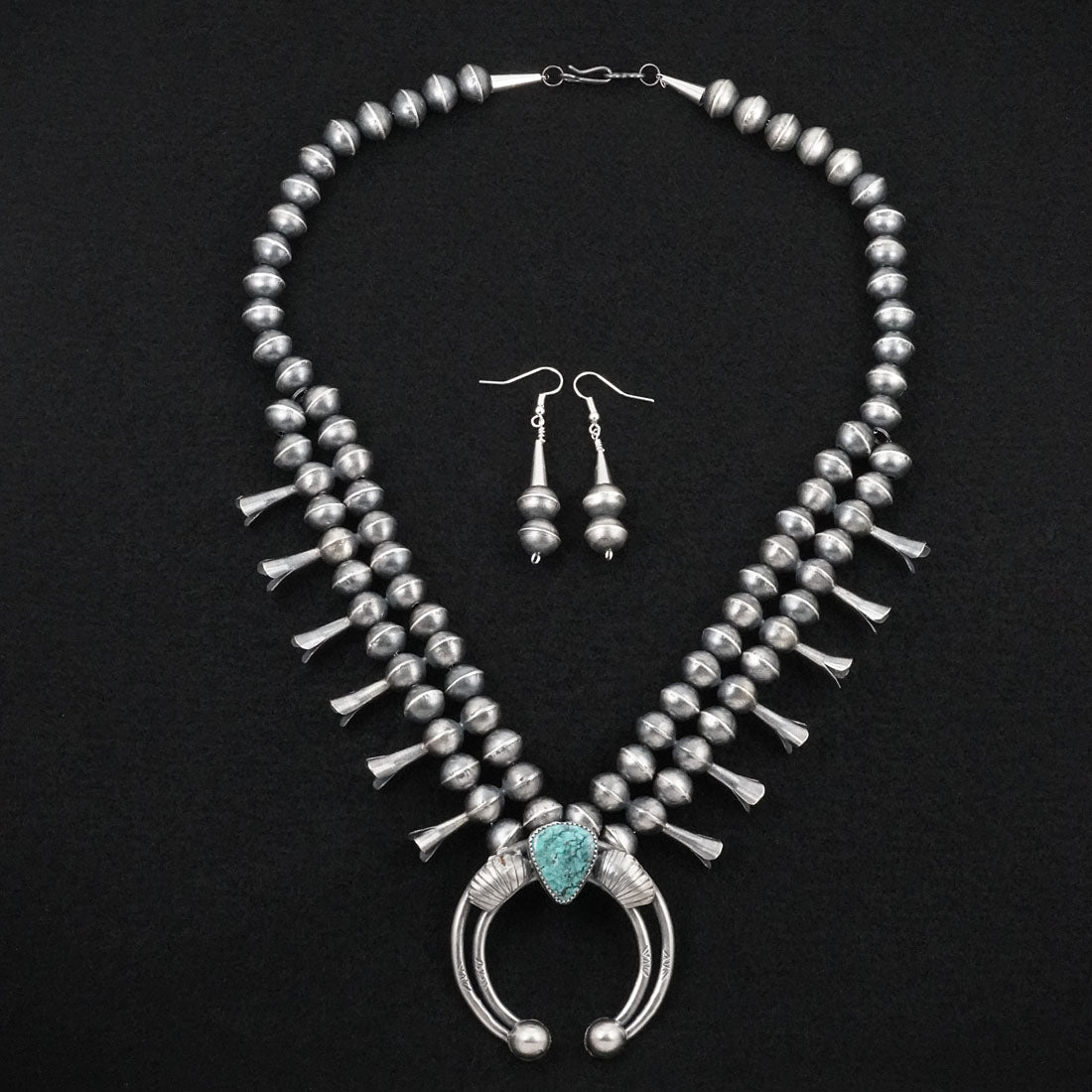 Gilbert Martin Turquoise & Sterling Silver Squash Blossom Necklace Set