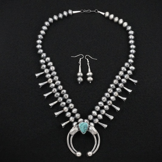 Gilbert Martin Turquoise & Sterling Silver Squash Blossom Necklace Set
