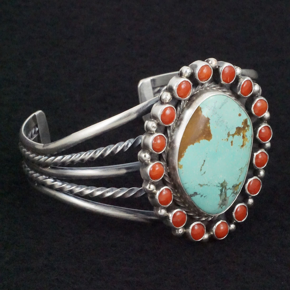 Chester Charley Turquoise, Coral & Sterling Silver Bracelet