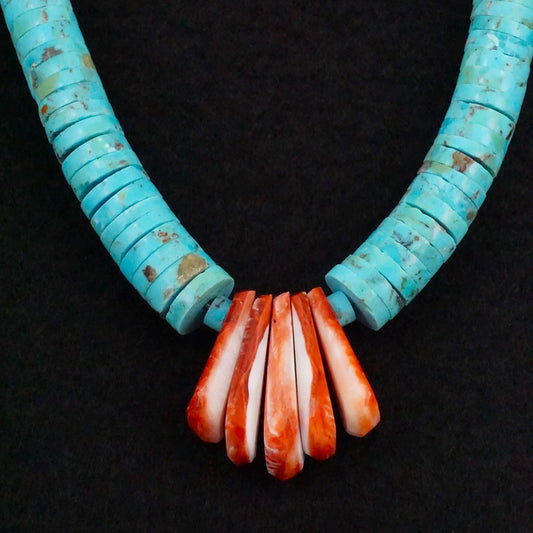 Lupe Lavato Turquoise, Spiny Oyster & Sterling Silver Necklace 20"