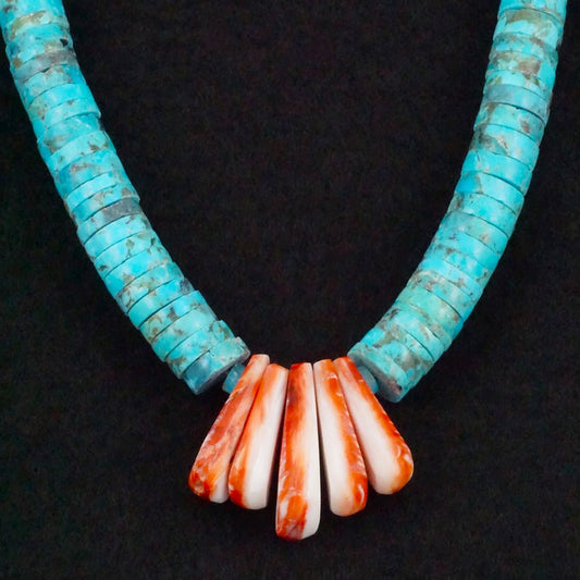 Lupe Lavato Turquoise, Spiny Oyster & Sterling Silver Necklace 20"