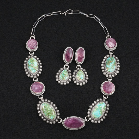 Mark Yazzie Turquoise, Spiny Oyster & Sterling Silver Necklace Set