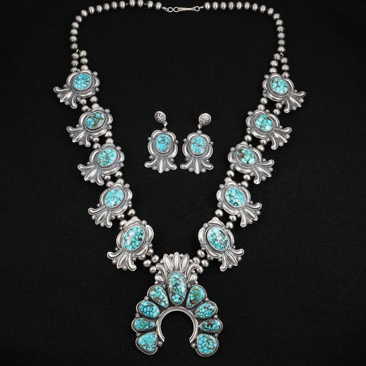 Raymond Delgarito Turquoise & Sterling Silver Squash Blossom Set