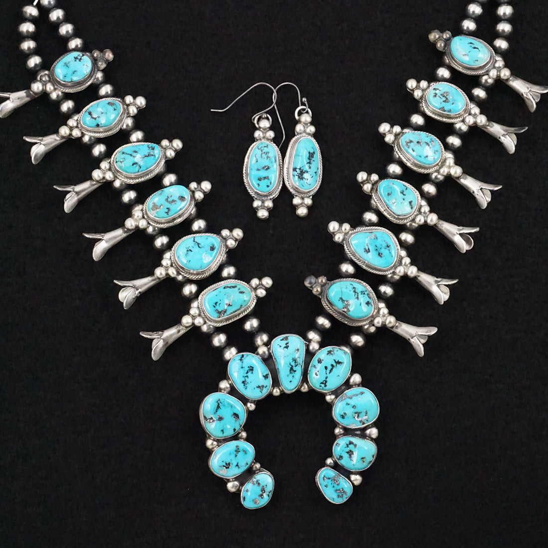 Kathleen Livingston Turquoise & Sterling Silver Squash Blossom Necklace & Earrings