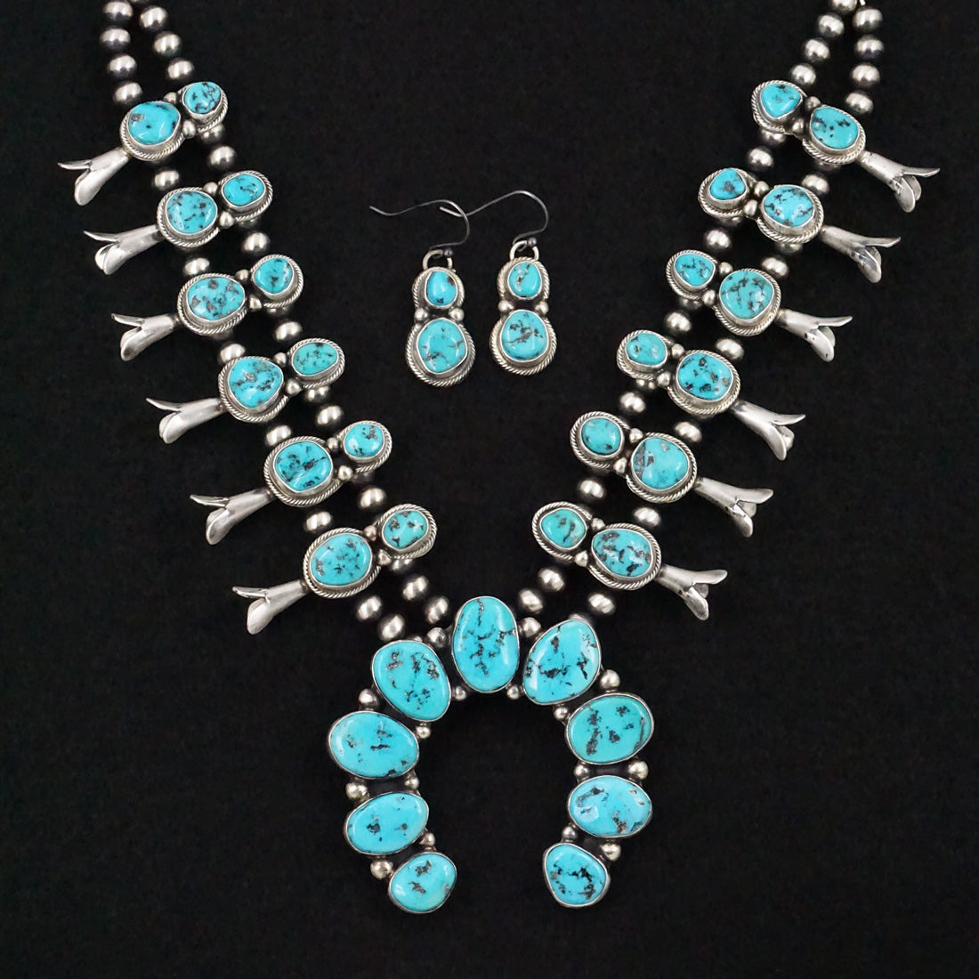 Kathleen Livingston Turquoise & Sterling Silver Squash Blossom Necklace & Earrings