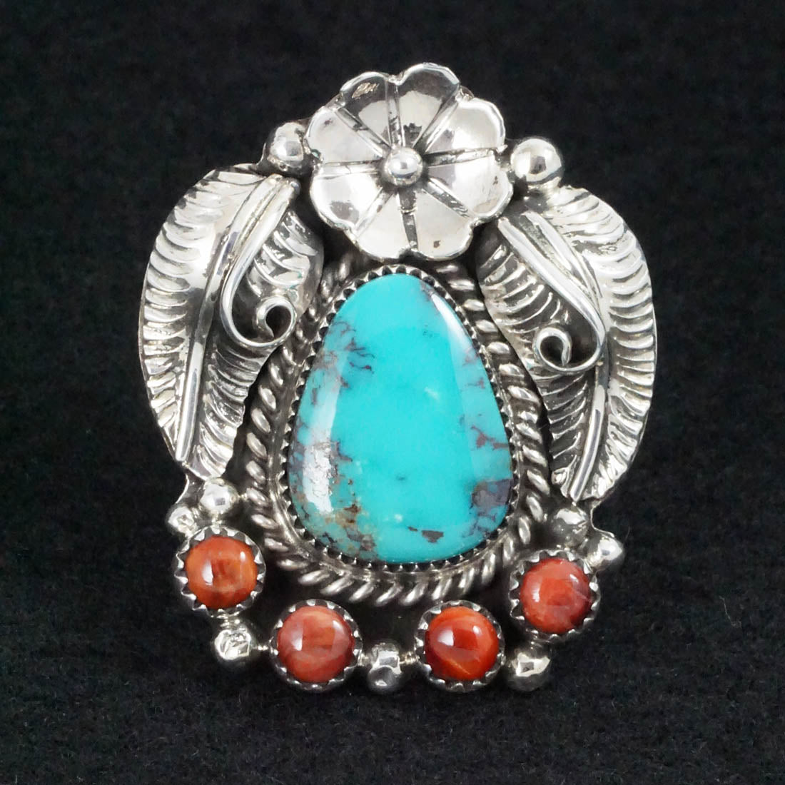 Sandra Parkett Turquoise, Spiny Oyster & Sterling Silver Ring Sz. 8 Adj.