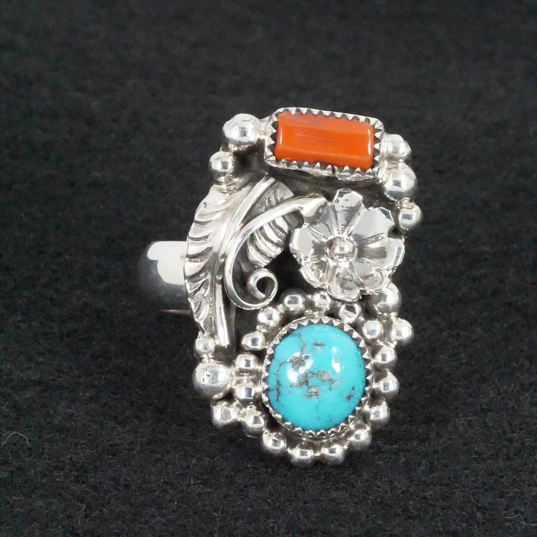 Sandra Parkett Turquoise, Coral & Sterling Silver Ring Sz. 7.5 Adj.